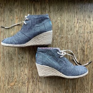 TOMS chambray denim espadrille wedge bootie